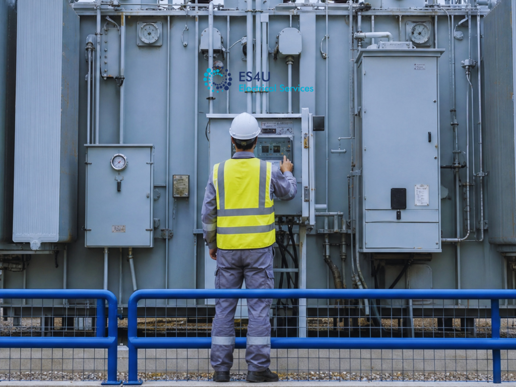 Electrical contractor inspecting power distribution equipment inside an industrial warehouse