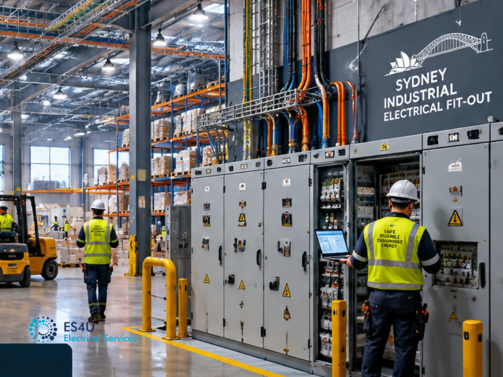 Industrial warehouse electrical fit-out in Sydney featuring high-bay lighting, cable trays and power infrastructure. industrial fitout electrician sydneyindustrial fitout electrician, industrial fit-out, electrical fit-outs for new commercial buildings, industrial electrician sydney, industrial electrical contractors sydney, industrial electric service, warehouse electrical maintenance sydney. 