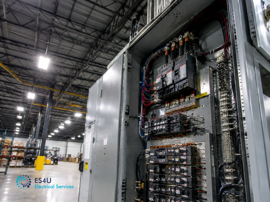 Industrial electrical switchboard with circuit breakers and power distribution components inside a warehouse. industrial fitout electrician, industrial fit-out, electrical fit-outs for new commercial buildings, industrial electrician sydney, industrial electrical contractors sydney, industrial electric service, warehouse electrical maintenance sydney