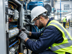 Electrical tradesperson inspecting an industrial electrical panel during warehouse maintenance.