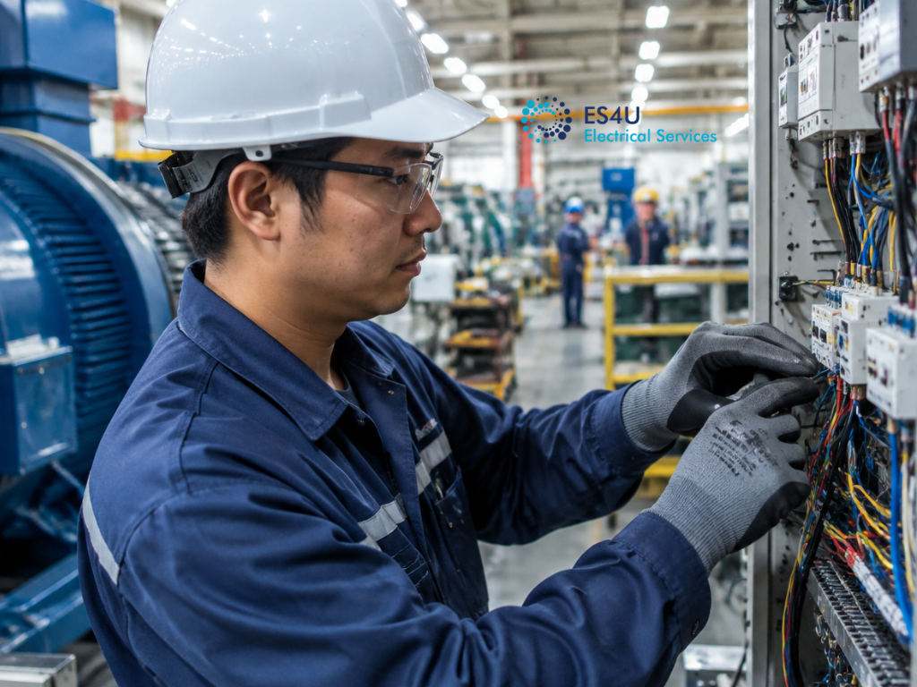 Industrial electrician working on electrical connections for machinery inside a manufacturing facility.